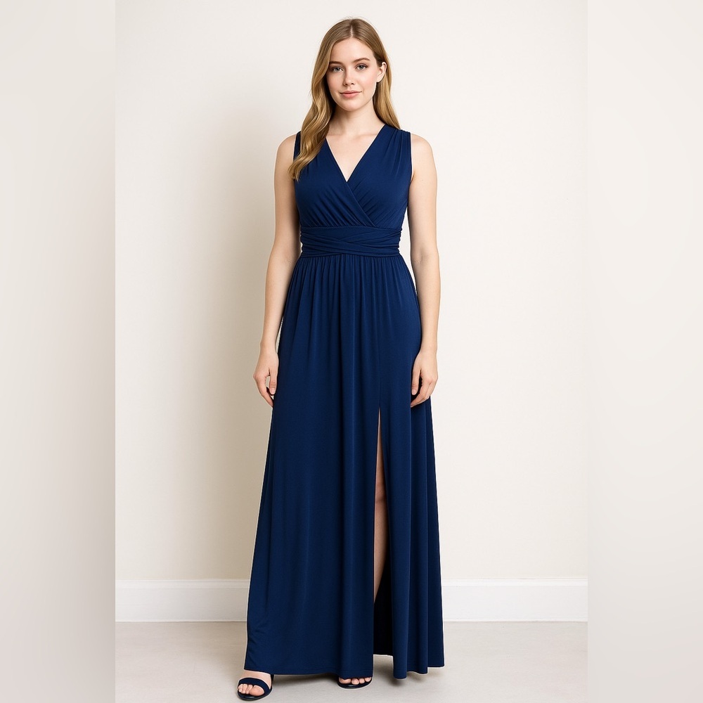 Koh‎ Koh navy blue wrapped front waisted maxi dress with front slit, M